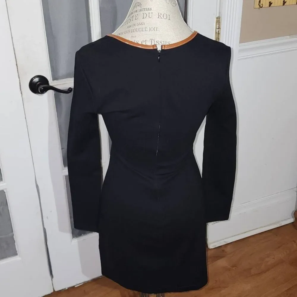 STAUD Black Long Sleeve Scoop Neck Dress with Tan Trim - Picture 2 of 6
